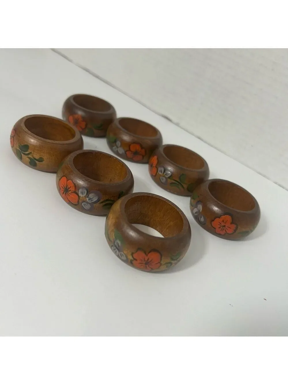 Vintage Napkin Rings Wooden Handpainted Floral Rustic Cottage Core  Set of 7